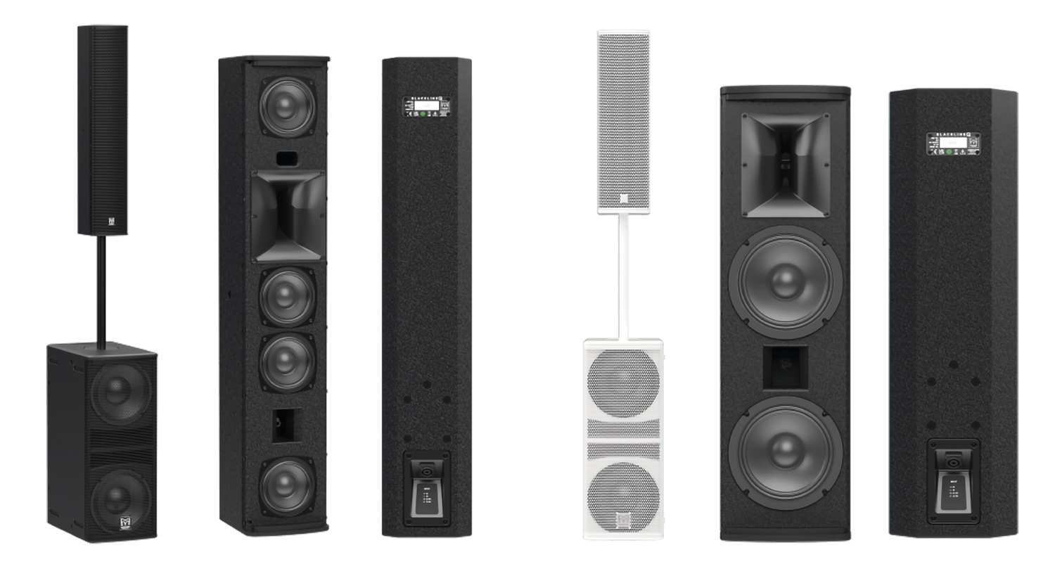 Various speakers from the Martin Audio BlacklineQ series in black and white, shown frontally.