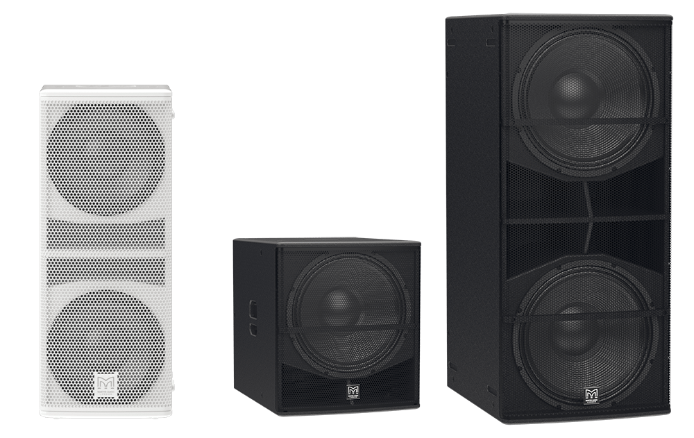 Three Martin Audio BlacklineQ subwoofers in white and black, shown side by side from the front.
