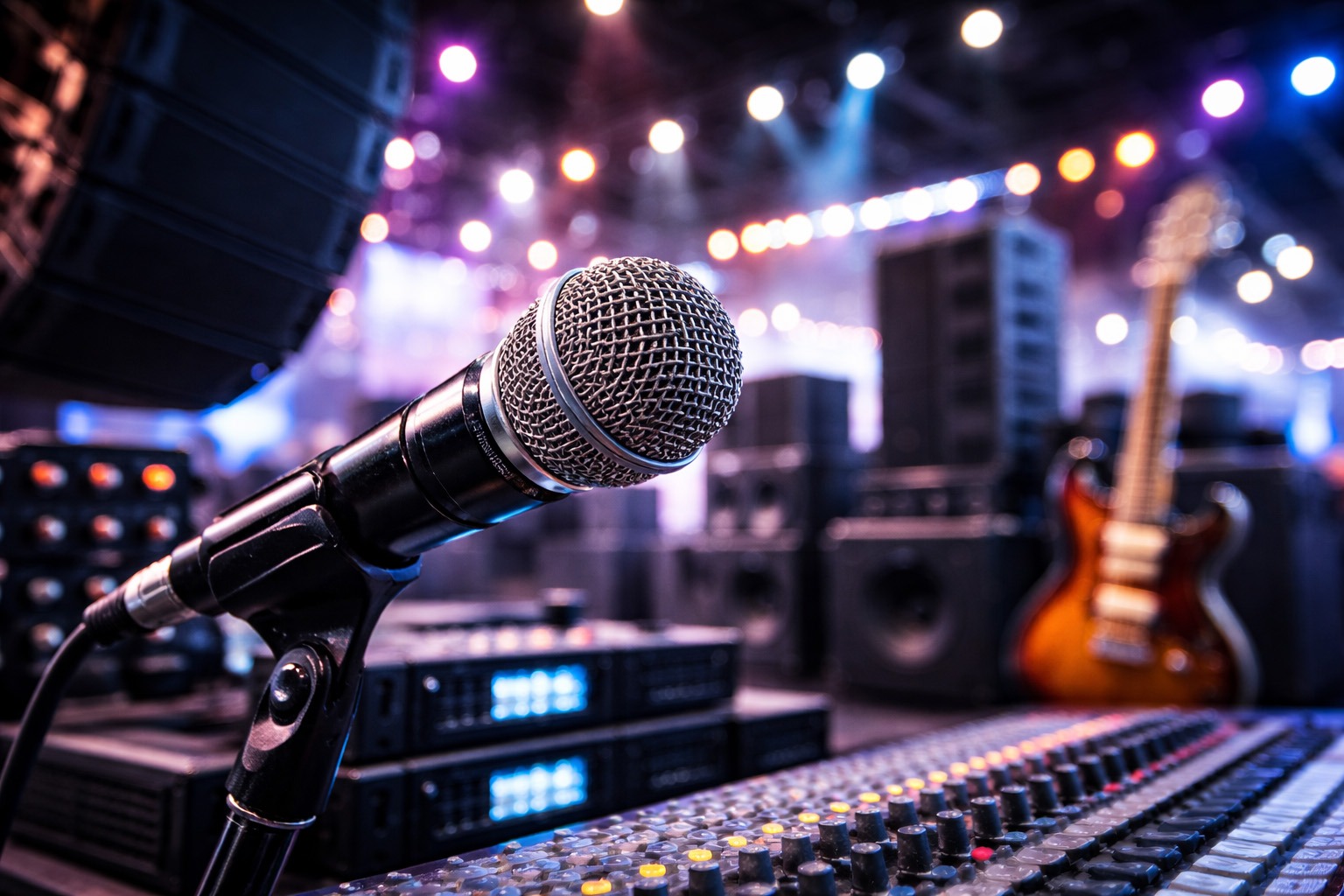 Close-up of a microphone in front of a mixing console, loudspeakers and a stage in colourful lighting