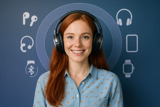 Das Bild zeigt eine junge Frau mit langen, roten Haaren, die freundlich in die Kamera lächelt und große, kabellose Over-Ear-Kopfhörer trägt. Sie hat ein hellblaues Hemd mit orangefarbenen Punkten an. Der Hintergrund ist modern gestaltet und verläuft in einem sanften Violett-Blau-Farbverlauf. Hinter ihrem Kopf ist ein transparenter, kreisförmiger Ring platziert, auf dem verschiedene Symbole angeordnet sind, die In-Ear-Kopfhörer, Over-Ear-Kopfhörer, Hörgeräte, Smartphones, Tablets und Smartwatches darstellen. Ergänzt durch ein zentrales Bluetooth-Symbol vermittelt die Bildkomposition einen freundlichen, technologieorientierten Eindruck und verdeutlicht die vielseitige, drahtlose Verbindung zu unterschiedlichen Audiogeräten im Sinne von Auracast und LE Audio.
