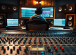 A sound engineer is sitting in front of screens and a large mixing desk in the studio.