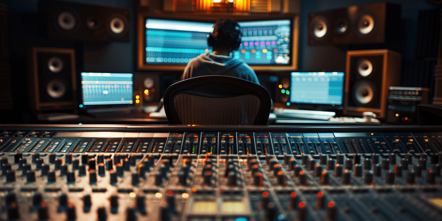 A sound engineer is sitting in front of screens and a large mixing desk in the studio.