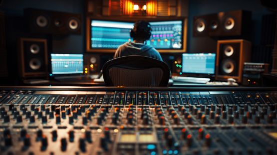 A sound engineer is sitting in front of screens and a large mixing desk in the studio.