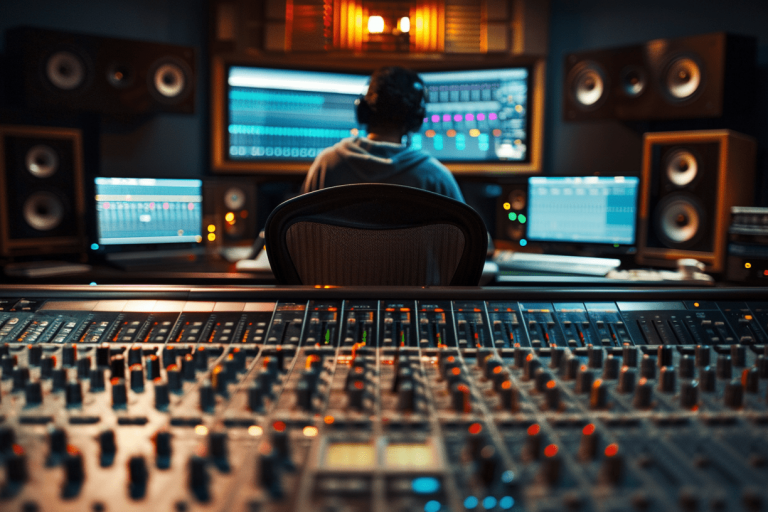 A sound engineer is sitting in front of screens and a large mixing desk in the studio.