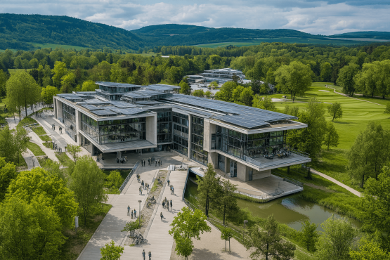 Modernes Veranstaltungsgebäude mit Solarpanels in grüner Landschaft als Symbol für nachhaltige Events mit dem Umweltzeichen Blauer Engel
