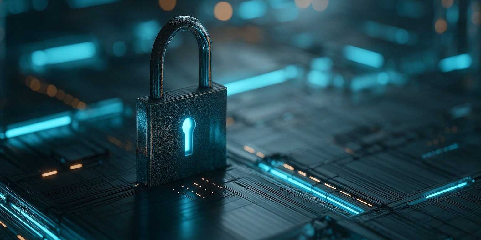 Symbolisches Bild für Blockchain im Eventmanagement mit digitalem Vorhängeschloss auf vernetzter Datenstruktur zur Darstellung von Sicherheit und Vertrauen durch dezentrale Kontrolle