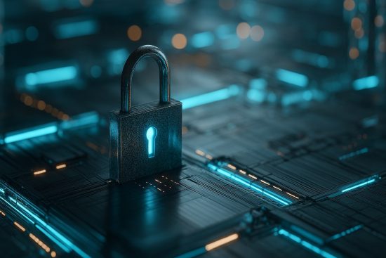 Symbolisches Bild für Blockchain im Eventmanagement mit digitalem Vorhängeschloss auf vernetzter Datenstruktur zur Darstellung von Sicherheit und Vertrauen durch dezentrale Kontrolle