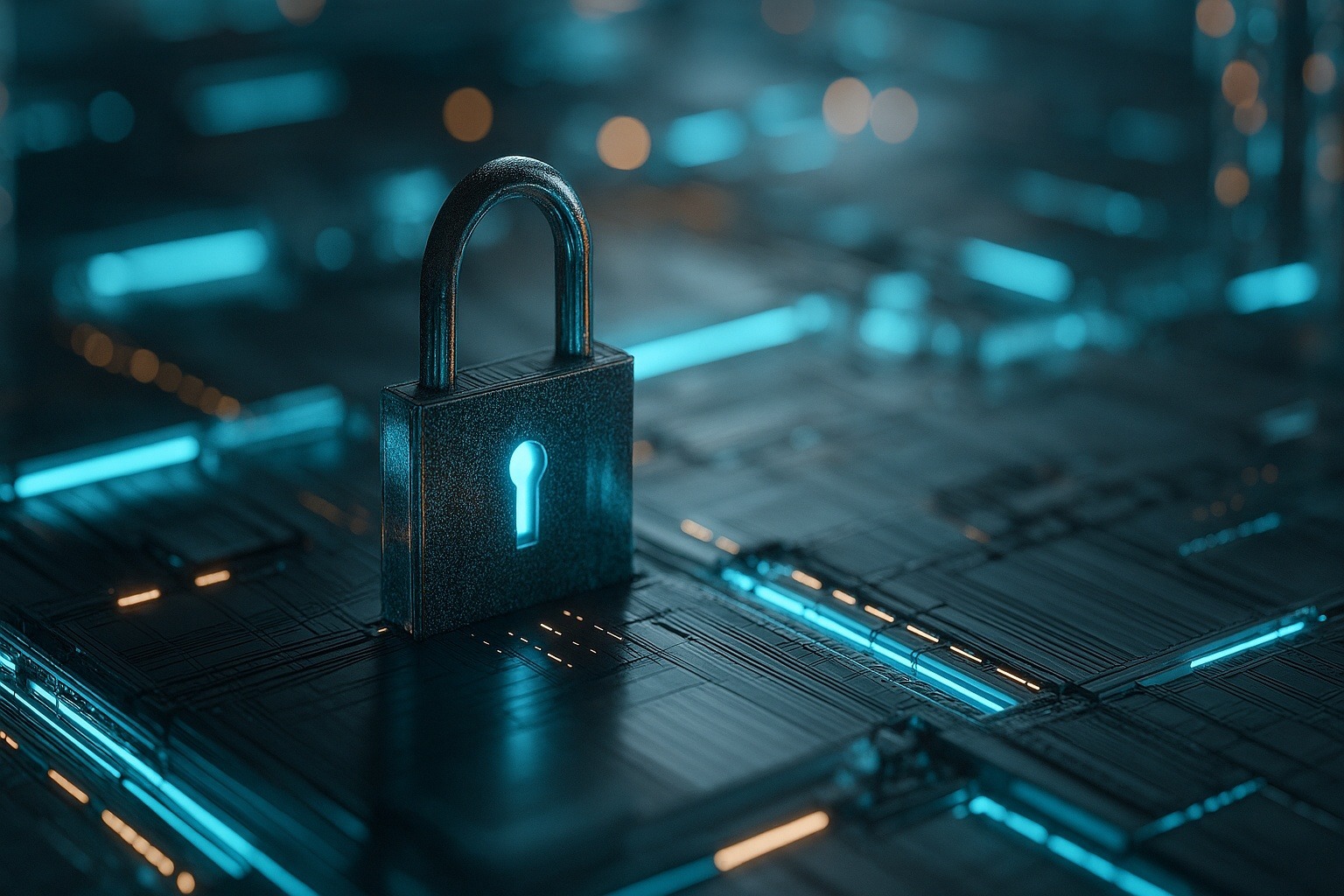 Symbolisches Bild für Blockchain im Eventmanagement mit digitalem Vorhängeschloss auf vernetzter Datenstruktur zur Darstellung von Sicherheit und Vertrauen durch dezentrale Kontrolle