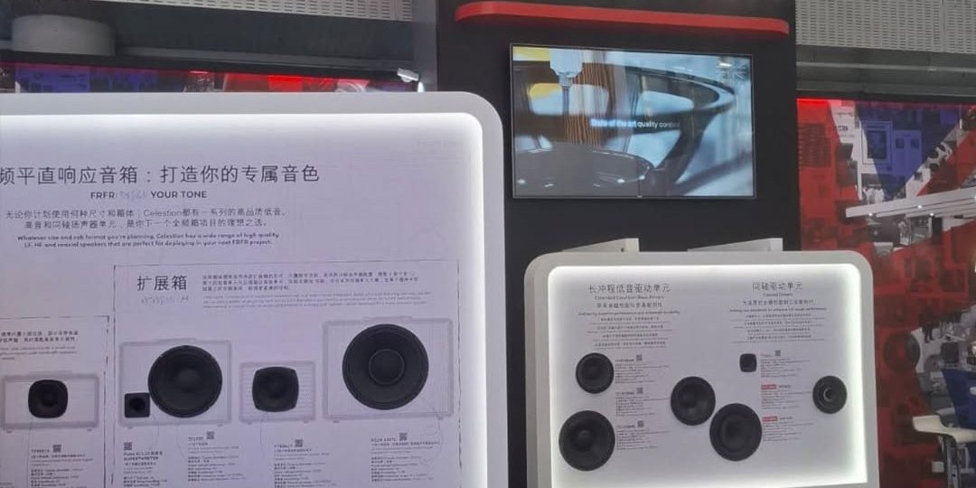 Celestion Prolioght + Sound Guangzhou 2026 Celestion stand featuring loudspeaker components and illuminated product displays