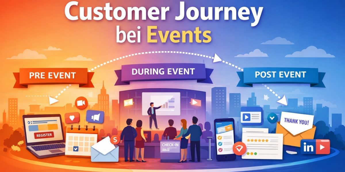 Illustration of the customer journey at events with pre-event, during event and post-event phases.