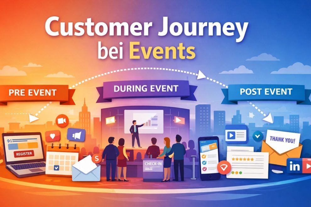 Illustration of the customer journey at events with pre-event, during event and post-event phases.