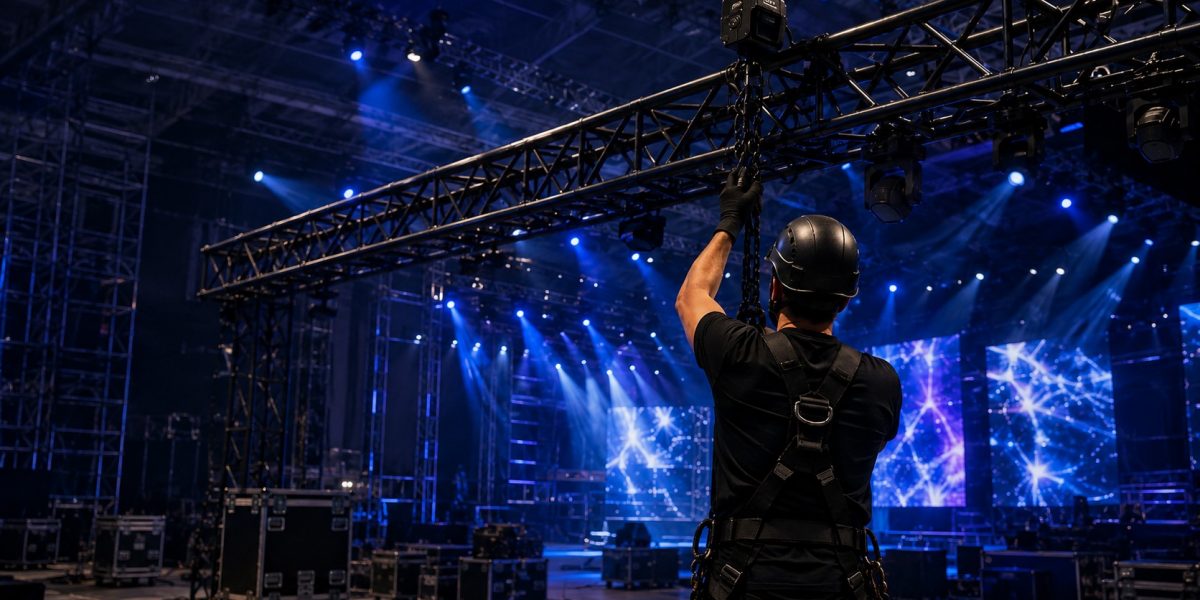 Technicians setting up a stage truss with lighting equipment and blue show lighting