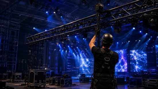 Technicians setting up a stage truss with lighting equipment and blue show lighting