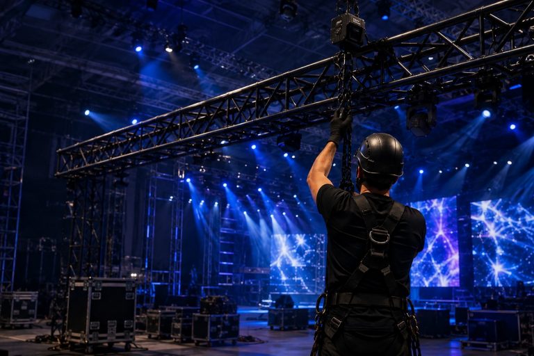 Technicians setting up a stage truss with lighting equipment and blue show lighting