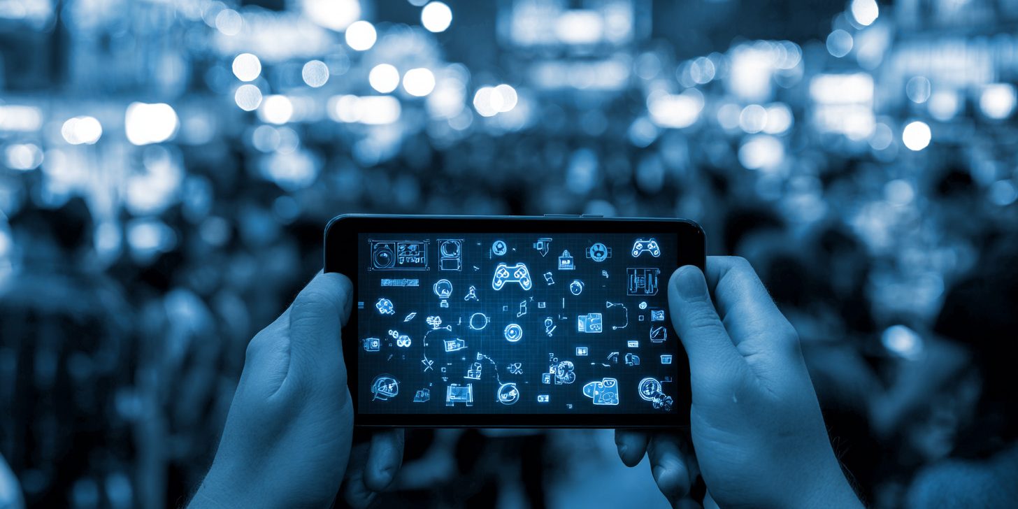 gamification-event-branche Eine Person hält ein Smartphone mit leuchtenden Gaming-Symbolen vor einer verschwommenen Menschenmenge.