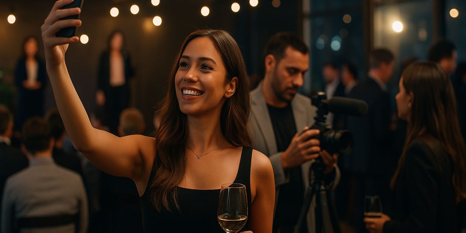 influencer-marketing-events Influencerin macht ein Selfie auf einem eleganten Event mit Publikum und Kamera-Team im Hintergrund.