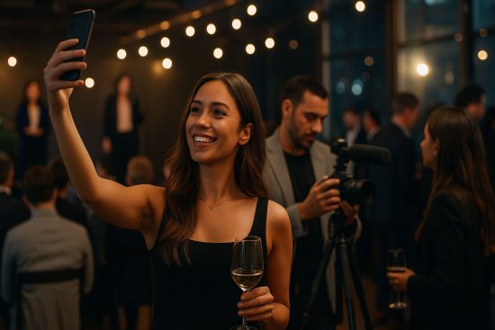Influencerin macht ein Selfie auf einem eleganten Event mit Publikum und Kamera-Team im Hintergrund.