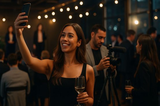 Influencerin macht ein Selfie auf einem eleganten Event mit Publikum und Kamera-Team im Hintergrund.
