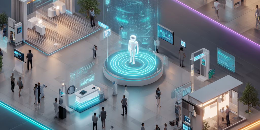 ki-agenten-veranstaltungsbranche-digitale-events Digitale Eventfläche mit holografischem KI-Agenten und interaktiven Infoständen auf einer Messe