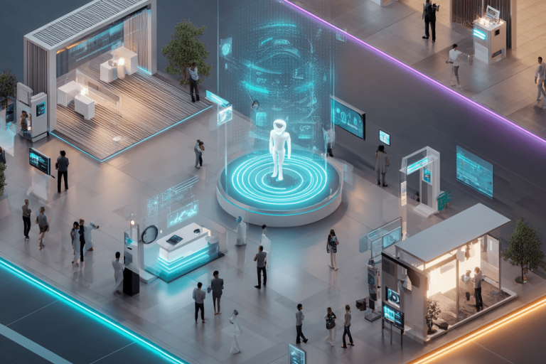 Digitale Eventfläche mit holografischem KI-Agenten und interaktiven Infoständen auf einer Messe