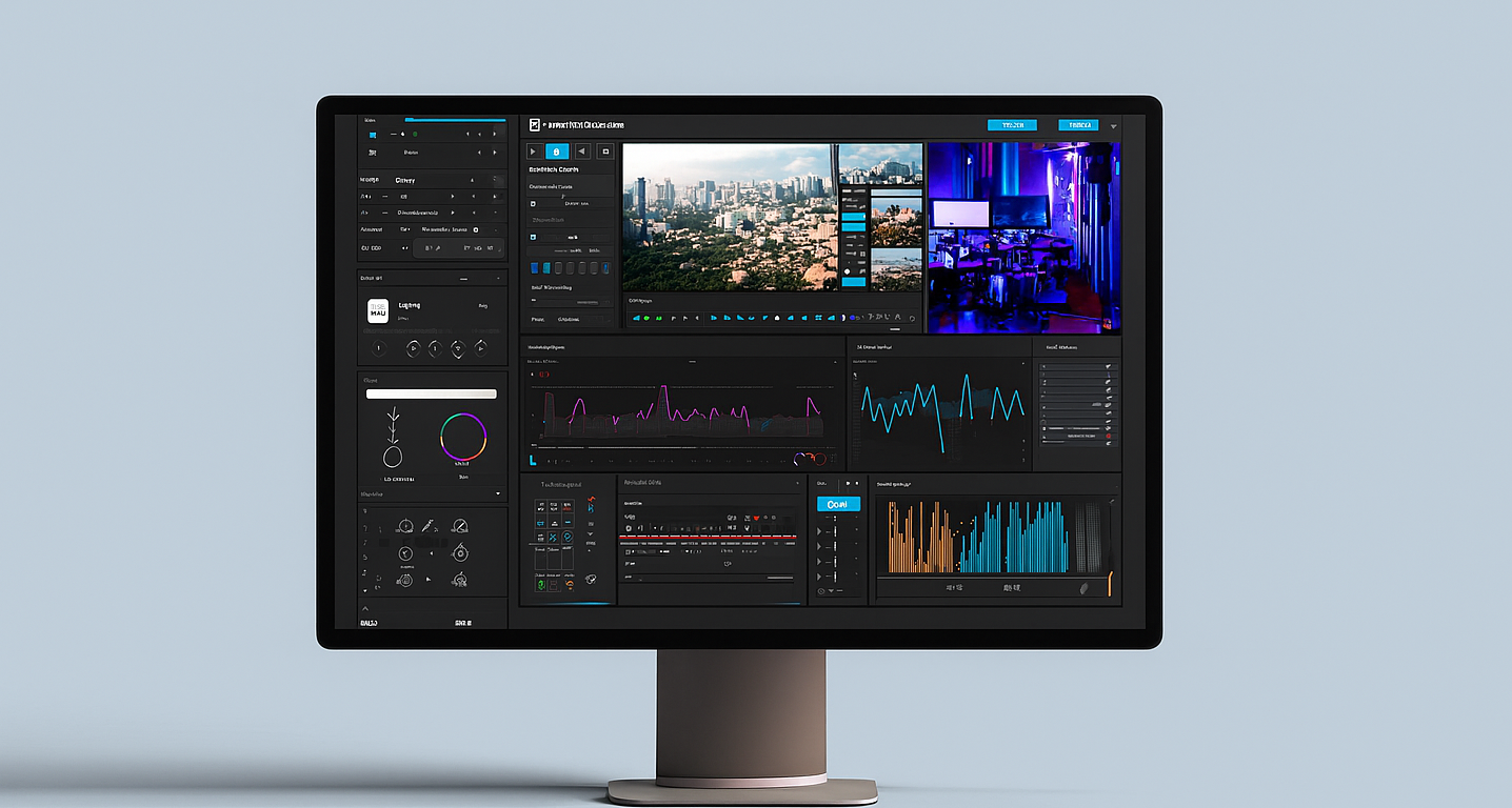 Monitor mit Livestream-Dashboard und Analyse-Tools wie OBS und Streamlabs für professionelle Live-Übertragungen