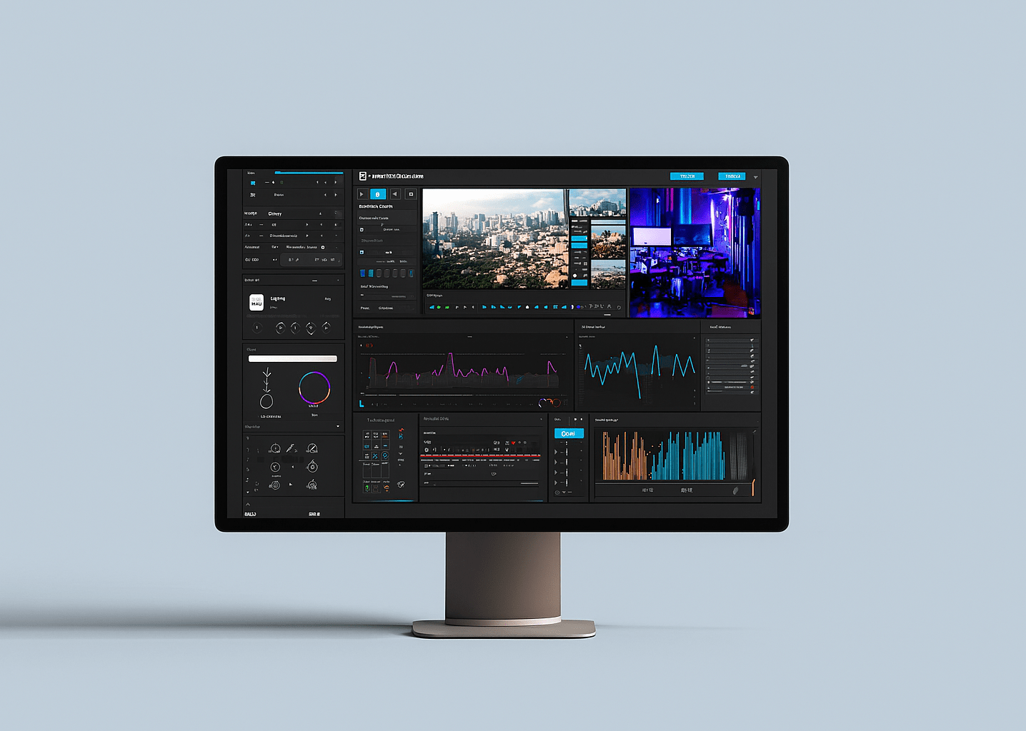 Monitor mit Livestream-Dashboard und Analyse-Tools wie OBS und Streamlabs für professionelle Live-Übertragungen