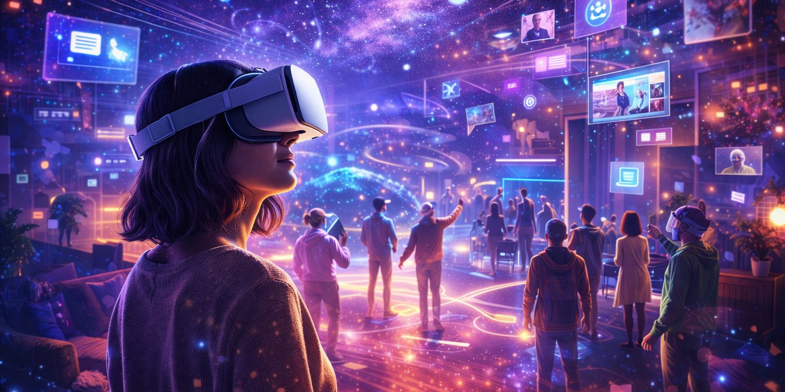 metaverse-event Woman with VR headset experiences a virtual metaverse world with avatars and digital displays.