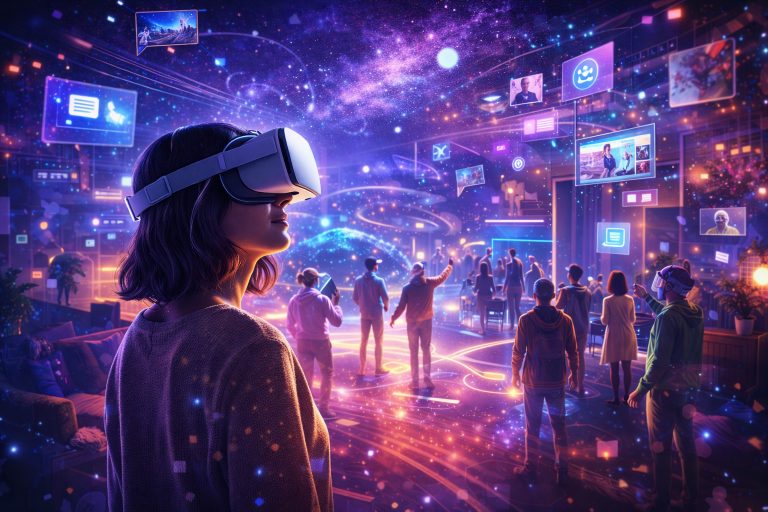 metaverse-event Woman with VR headset experiences a virtual metaverse world with avatars and digital displays.