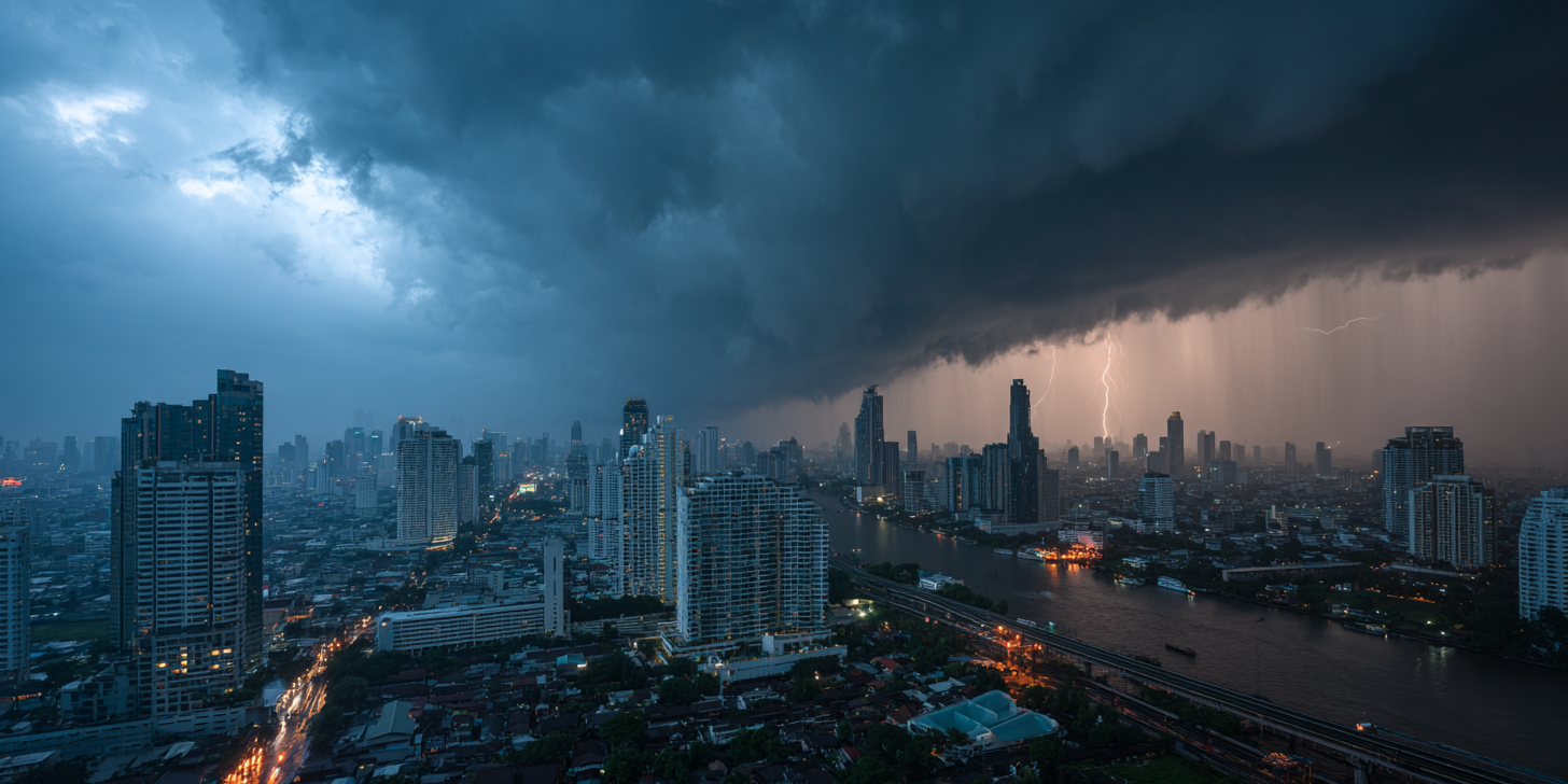 Bangkok skyline under dark storm clouds, heavy rain falls over the city and the river.