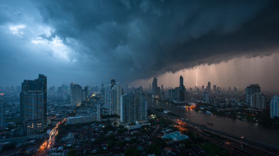 Bangkok skyline under dark storm clouds, heavy rain falls over the city and the river.