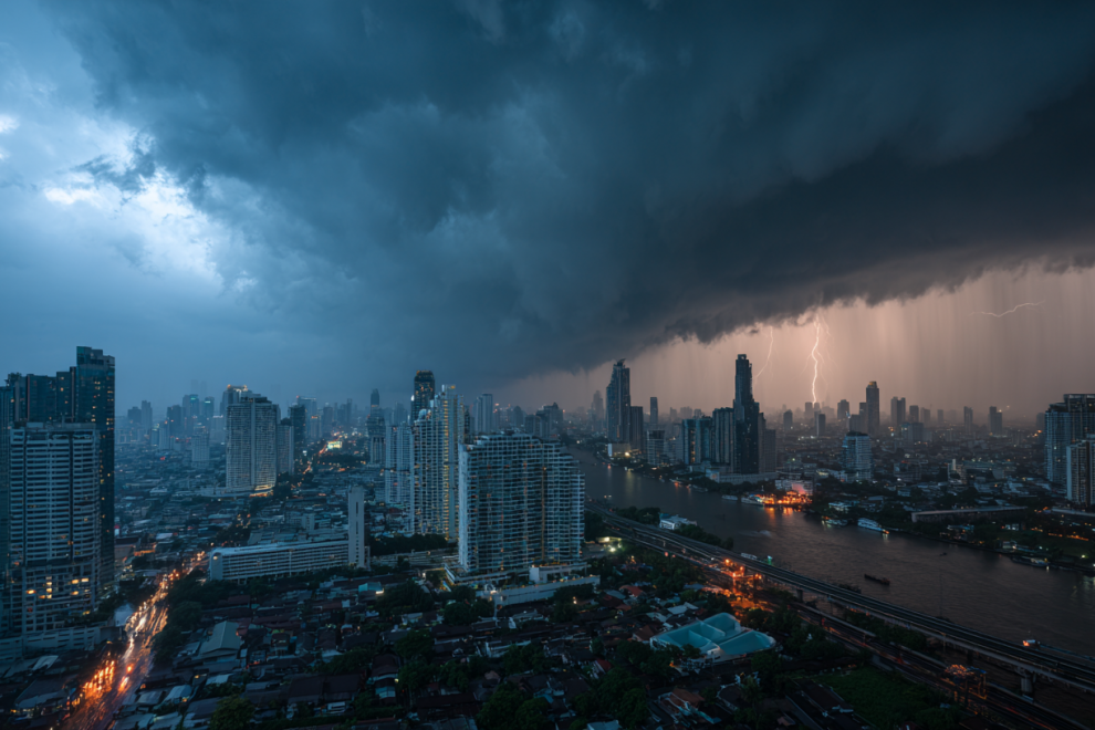 Bangkok skyline under dark storm clouds, heavy rain falls over the city and the river.
