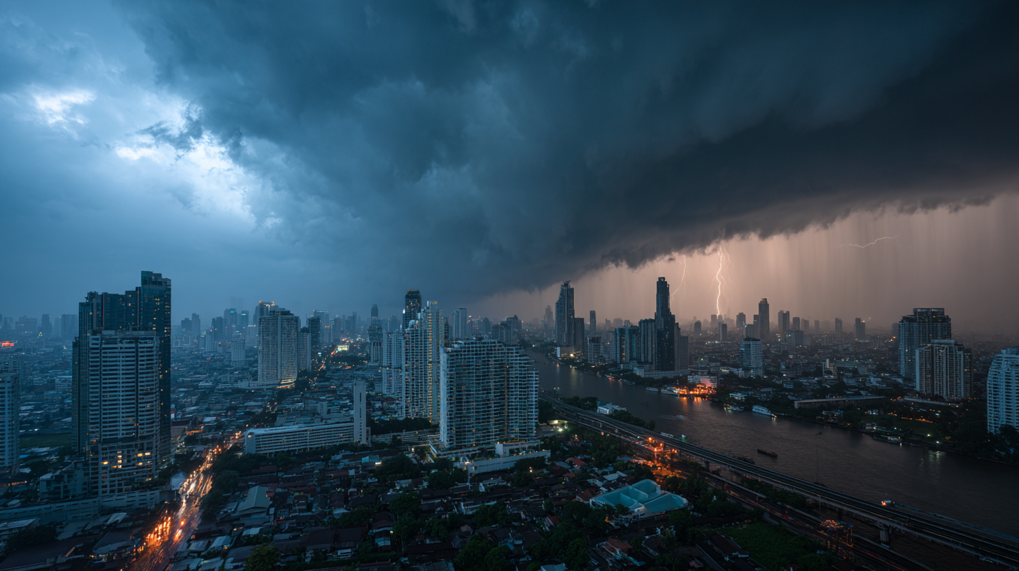 Bangkok skyline under dark storm clouds, heavy rain falls over the city and the river.