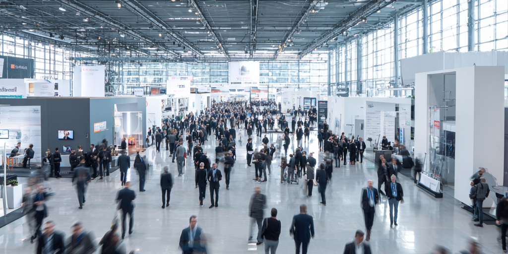 Menschenmenge auf Fachmesse als Sinnbild für den Nutzen und Aufwand von Messeauftritten