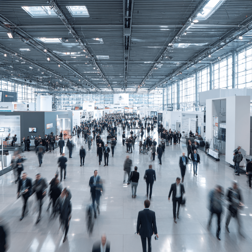 Menschenmenge auf Fachmesse als Sinnbild für den Nutzen und Aufwand von Messeauftritten