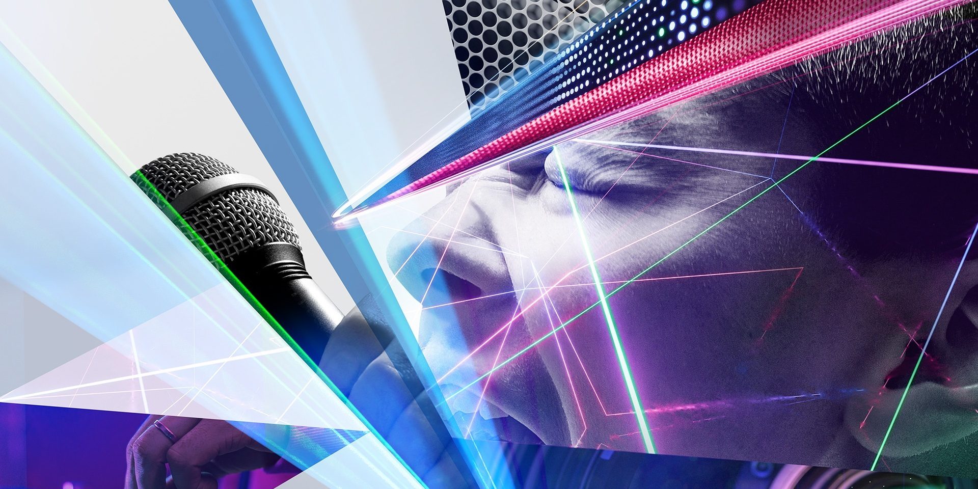 Prolight + Sound 2026 Key Visual The key visual impressively combines the energy of modern live performance with the aesthetics of digital media technology: at the center is a passionately singing person with a microphone, whose face is traversed by glowing lines, laser effects and digital structures. Elements such as LED panels, abstract grids and transparent layers merge into a dynamic composition that makes sound, light and movement a visual experience. The image conveys the atmosphere of innovative event technology - powerful, multimedia and future-oriented.