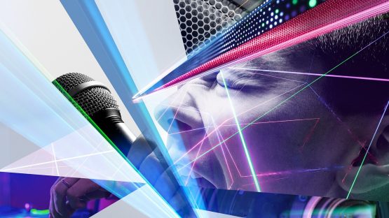 The key visual impressively combines the energy of modern live performance with the aesthetics of digital media technology: at the center is a passionately singing person with a microphone, whose face is traversed by glowing lines, laser effects and digital structures. Elements such as LED panels, abstract grids and transparent layers merge into a dynamic composition that makes sound, light and movement a visual experience. The image conveys the atmosphere of innovative event technology - powerful, multimedia and future-oriented.  