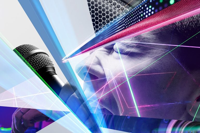 The key visual impressively combines the energy of modern live performance with the aesthetics of digital media technology: at the center is a passionately singing person with a microphone, whose face is traversed by glowing lines, laser effects and digital structures. Elements such as LED panels, abstract grids and transparent layers merge into a dynamic composition that makes sound, light and movement a visual experience. The image conveys the atmosphere of innovative event technology - powerful, multimedia and future-oriented.  