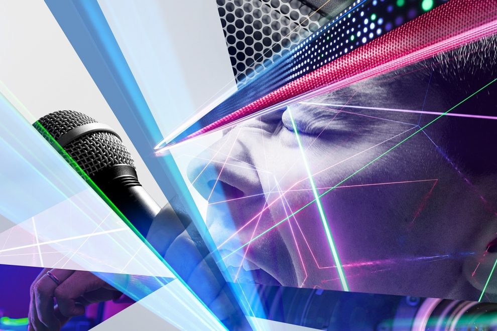The key visual impressively combines the energy of modern live performance with the aesthetics of digital media technology: at the center is a passionately singing person with a microphone, whose face is traversed by glowing lines, laser effects and digital structures. Elements such as LED panels, abstract grids and transparent layers merge into a dynamic composition that makes sound, light and movement a visual experience. The image conveys the atmosphere of innovative event technology - powerful, multimedia and future-oriented.  
