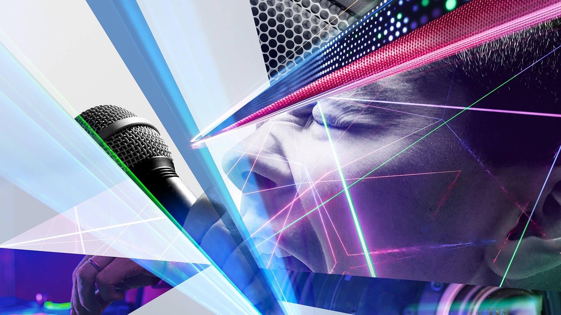 The key visual impressively combines the energy of modern live performance with the aesthetics of digital media technology: at the center is a passionately singing person with a microphone, whose face is traversed by glowing lines, laser effects and digital structures. Elements such as LED panels, abstract grids and transparent layers merge into a dynamic composition that makes sound, light and movement a visual experience. The image conveys the atmosphere of innovative event technology - powerful, multimedia and future-oriented.  