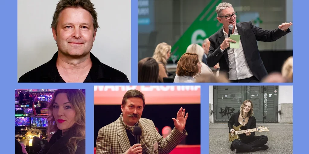Das Bild zeigt eine Collage mit fünf verschiedenen Personen in unterschiedlichen Kontexten:

Oben links: Ein Mann mit dunkler Kleidung und kurzem Haar blickt direkt in die Kamera.
Oben rechts: Ein Mann in einem Anzug hält ein Mikrofon in der Hand und spricht vor einem Publikum. Er gestikuliert, während er redet.
Unten links: Eine Frau mit langem, welligem Haar posiert vor einer Vielzahl von technischen Geräten und Bildschirmen in einem Kontrollraum.
Unten Mitte: Ein Mann mit Schnurrbart hält ein Mikrofon und scheint gerade zu einem Publikum zu sprechen.
Unten rechts: Eine Frau, die eine goldfarbene E-Gitarre hält, sitzt auf dem Boden vor einer grauen Wand mit Graffiti.
Der Hintergrund der Collage ist in einem hellen Blauton gehalten. Die dargestellten Personen wirken professionell und könnten Referenten auf einer Veranstaltung sein.