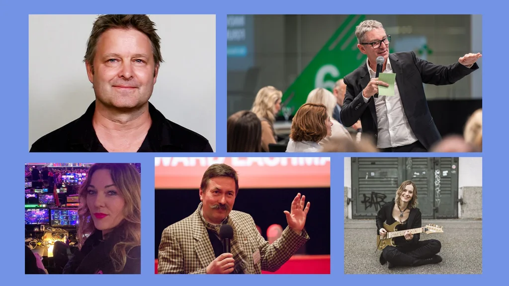 Das Bild zeigt eine Collage mit fünf verschiedenen Personen in unterschiedlichen Kontexten:

Oben links: Ein Mann mit dunkler Kleidung und kurzem Haar blickt direkt in die Kamera.
Oben rechts: Ein Mann in einem Anzug hält ein Mikrofon in der Hand und spricht vor einem Publikum. Er gestikuliert, während er redet.
Unten links: Eine Frau mit langem, welligem Haar posiert vor einer Vielzahl von technischen Geräten und Bildschirmen in einem Kontrollraum.
Unten Mitte: Ein Mann mit Schnurrbart hält ein Mikrofon und scheint gerade zu einem Publikum zu sprechen.
Unten rechts: Eine Frau, die eine goldfarbene E-Gitarre hält, sitzt auf dem Boden vor einer grauen Wand mit Graffiti.
Der Hintergrund der Collage ist in einem hellen Blauton gehalten. Die dargestellten Personen wirken professionell und könnten Referenten auf einer Veranstaltung sein.