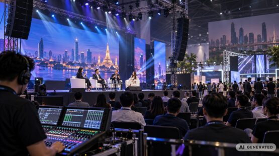 Fachpanel auf einer Messebühne mit Publikum, Lichttechnik und Mischpult