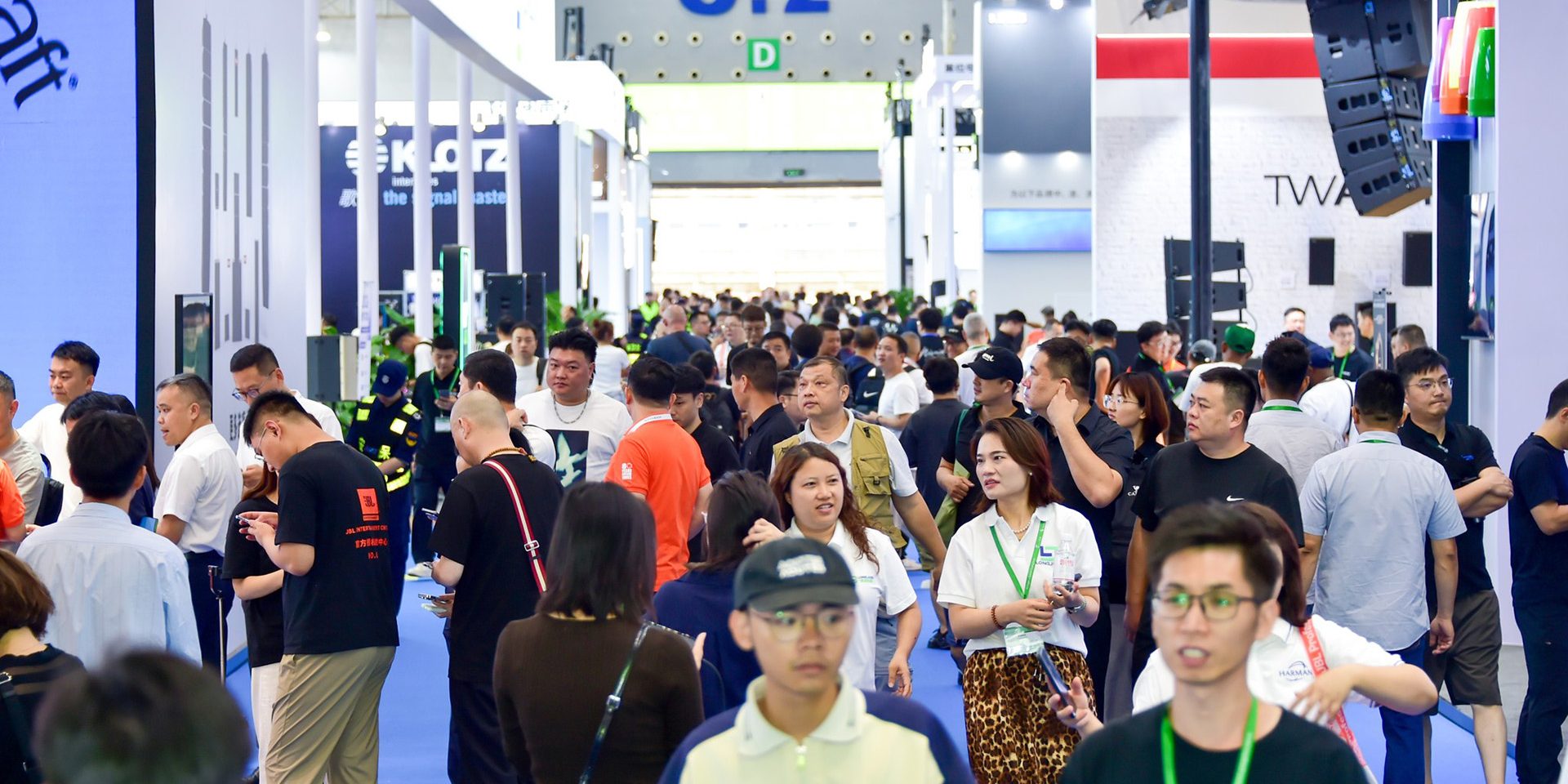 A well-attended exhibition hall with stands and trade visitors at Prolight + Sound Guangzhou.