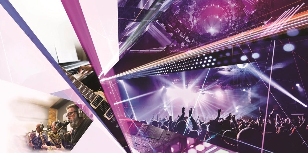 Colorful collage of concert lights, musicians, guitars and technology in a dynamic event atmosphere