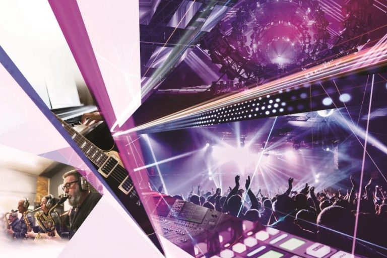 Prolight + Sound Bangkok Key Visual Colorful collage of concert lights, musicians, guitars and technology in a dynamic event atmosphere