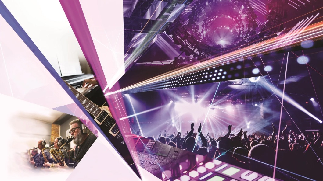 Colorful collage of concert lights, musicians, guitars and technology in a dynamic event atmosphere
