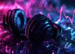 Glowing headphones on a mixing console, surrounded by neon-colored sound waves.