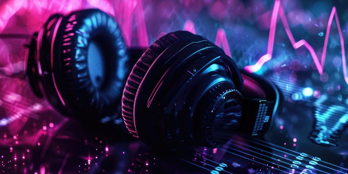 Glowing headphones on a mixing console, surrounded by neon-colored sound waves.