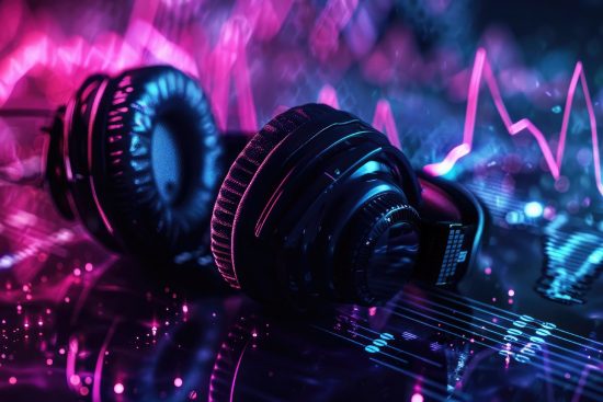 Glowing headphones on a mixing console, surrounded by neon-colored sound waves.
