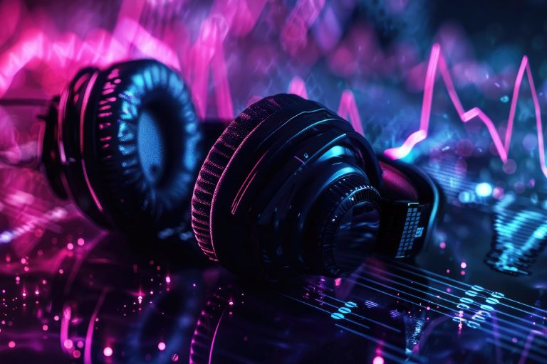 Glowing headphones on a mixing console, surrounded by neon-colored sound waves.